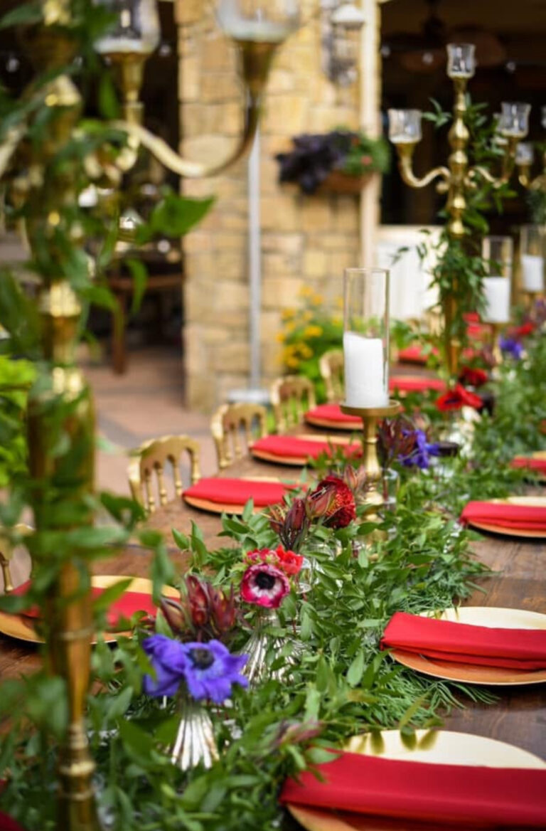 Outdoor wedding tablescape with floral runner